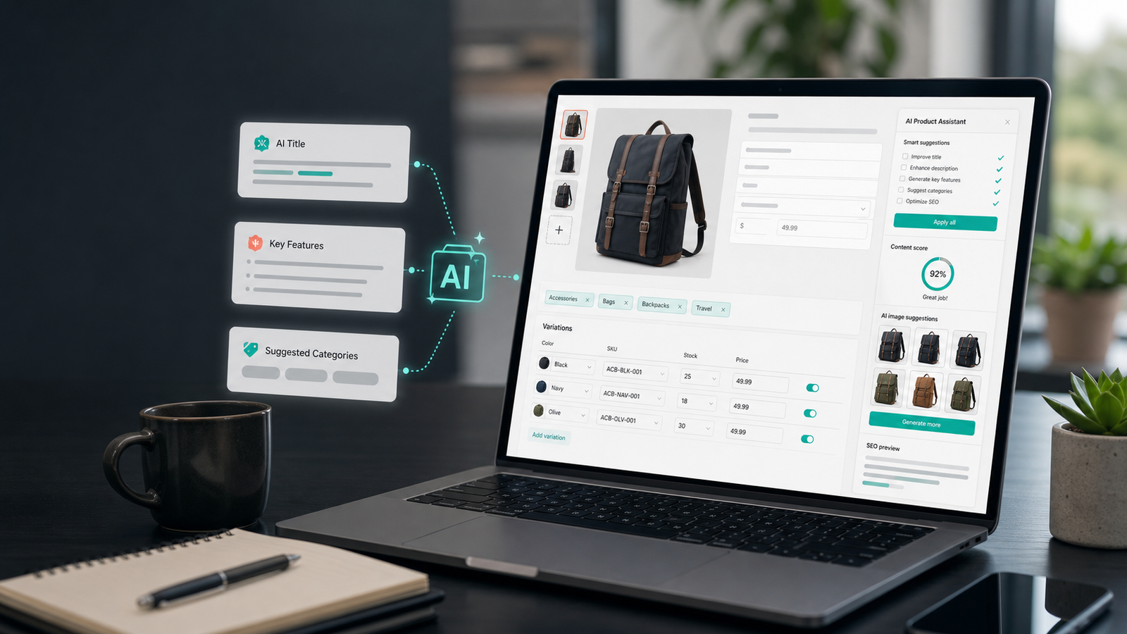 AI-assisted ecommerce product editor on a laptop