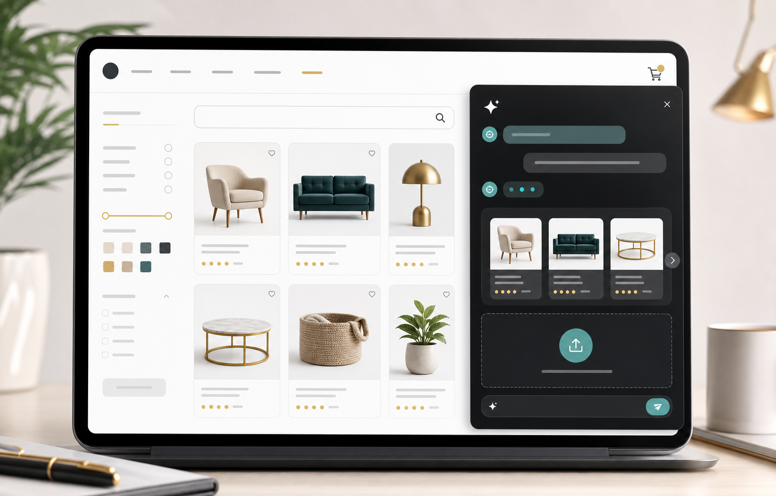 AI product search assistant shown over an ecommerce product catalog